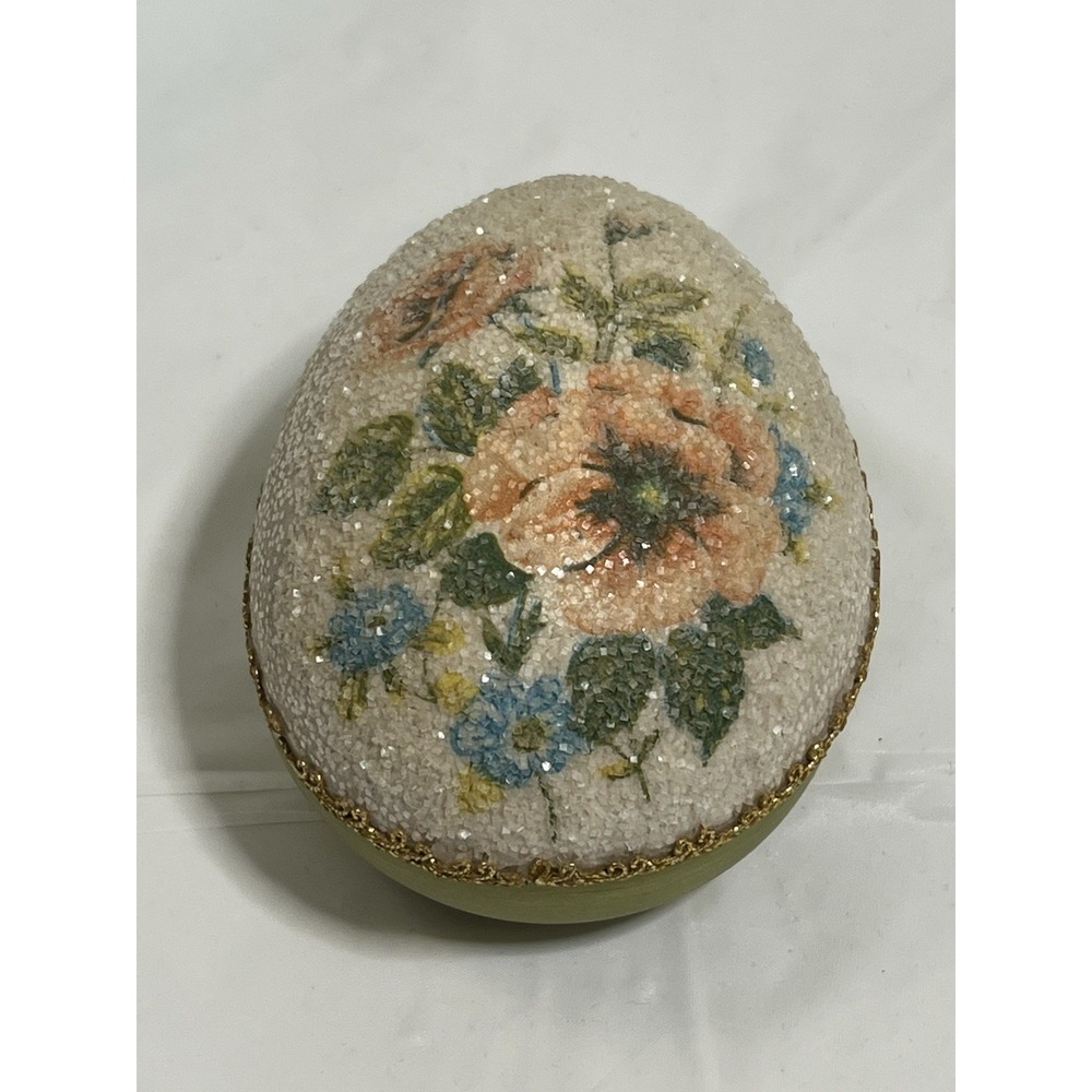 VTG Green Easter Goose Egg Trinket Box Gold Trim Spring Decor Floral 3x3x3